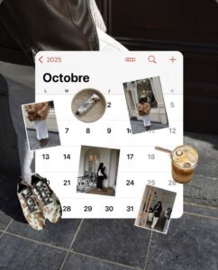 Calendario de planificación con fotos que representa la organización y estrategia de contenido UGC para marcas.